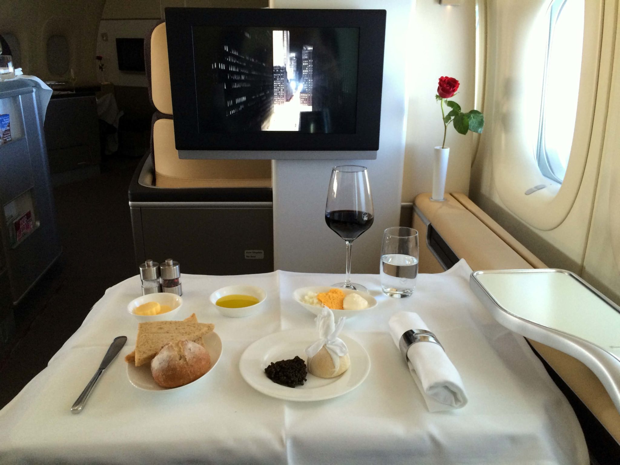 Caviar, almuerzo Lufthansa first class