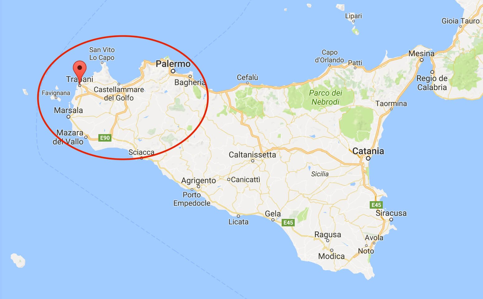 Mapa de Sicilia, región noroeste