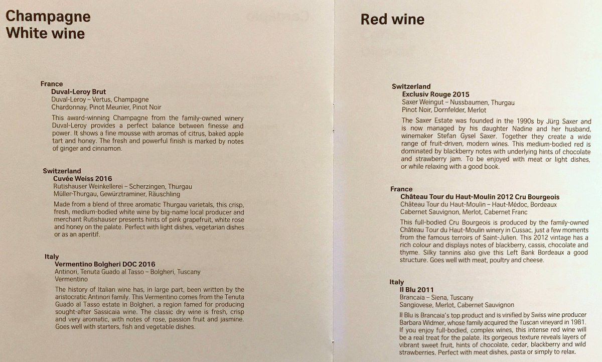 Carta de vinos business class SWISS