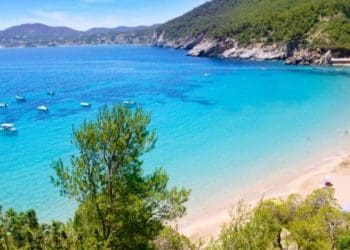 una isla en medio del agua con una montaña al fondo