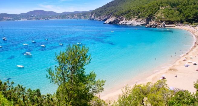 una isla en medio del agua con una montaña al fondo