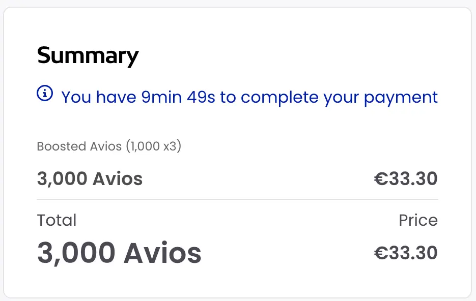 Resumen de pago de Balance Boost mostrando 3.000 Avios comprados por 33,30 euros con un Boost del 300%
