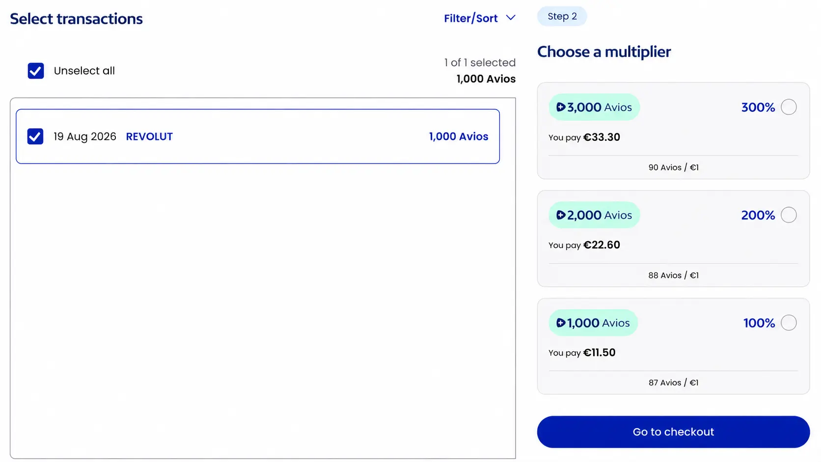 Pantalla de Balance Boost con las transacciones elegibles y los multiplicadores del 100%, 200% y 300% con sus precios en euros