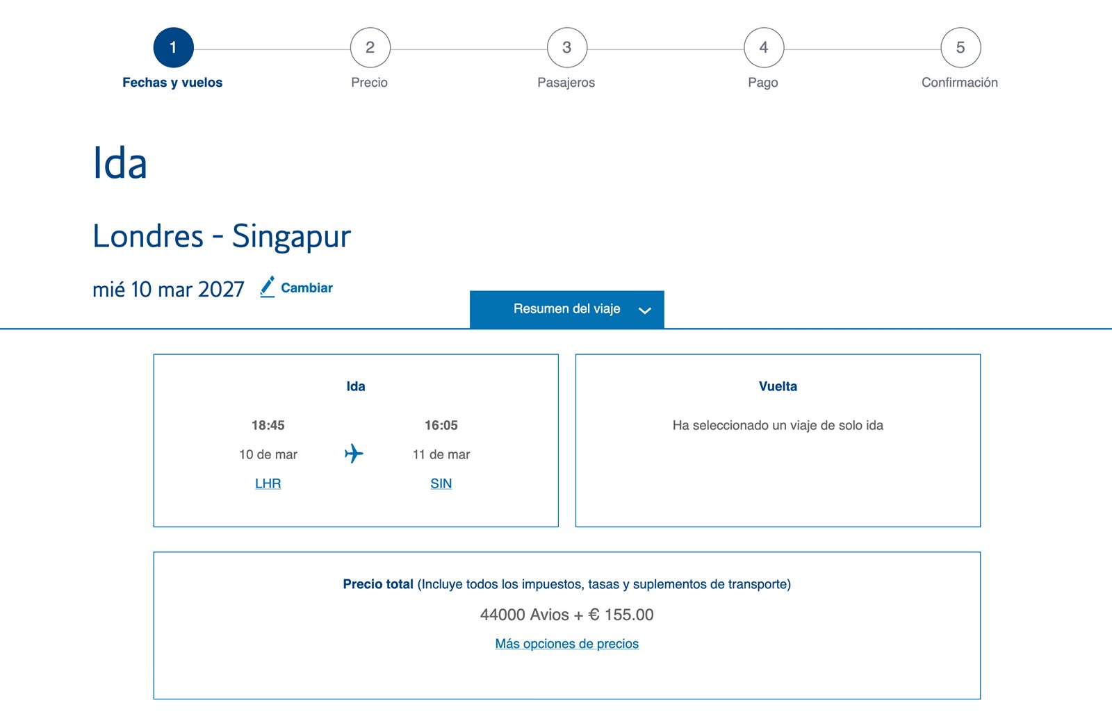 Londres Singapur con Avios emitido desde British Airways Club