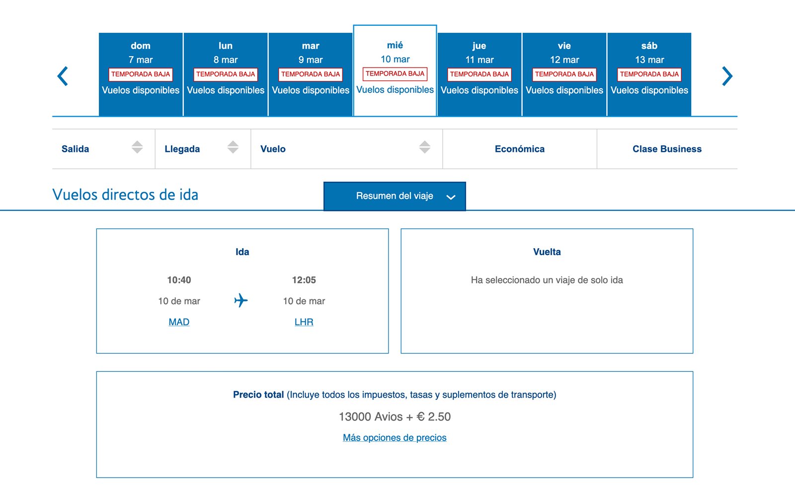 Madrid Londres en un vuelo de British Airways emitido desde British Airways Club