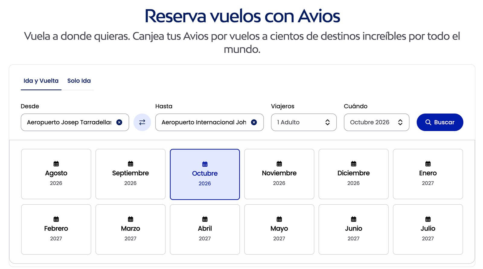 Buscador de vuelos con Avios con selección de ruta, viajeros y mes de viaje