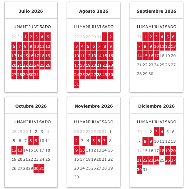 Calendario de temporada alta y baja de Iberia Club de julio a diciembre de 2026