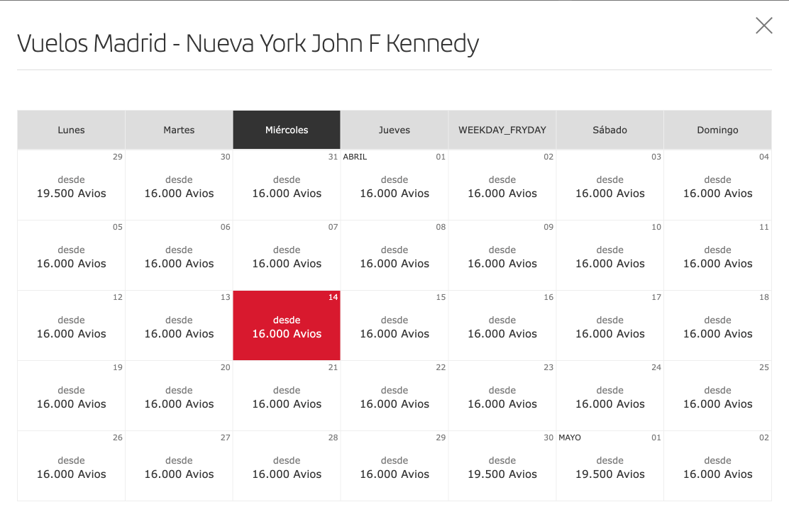 Calendario mensual de disponibilidad de vuelos con Avios de Iberia entre Madrid y Nueva York