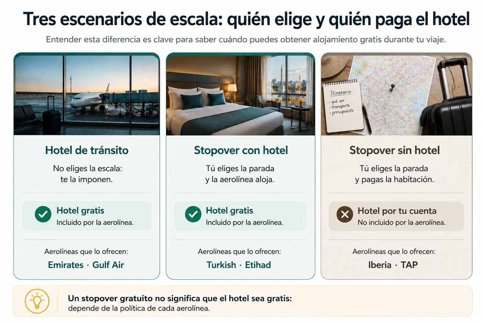 Comparación de tres escenarios de escala: hotel de tránsito, stopover con hotel incluido y stopover donde el alojamiento lo paga el pasajero