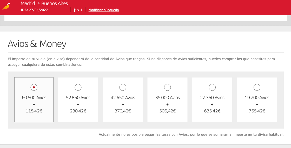 Opciones Avios and Money de Iberia en Business entre Madrid y Buenos Aires
