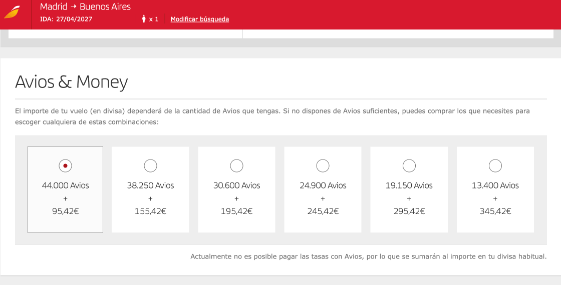 Opciones Avios and Money de Iberia en Turista Premium entre Madrid y Buenos Aires