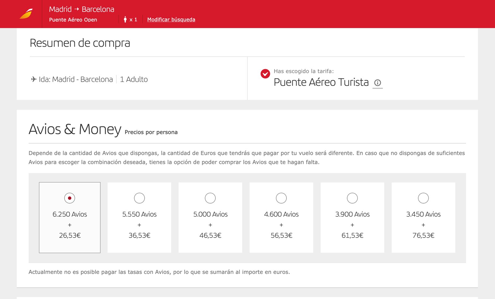 Opciones de Avios and Money del Puente Aéreo Madrid Barcelona de Iberia