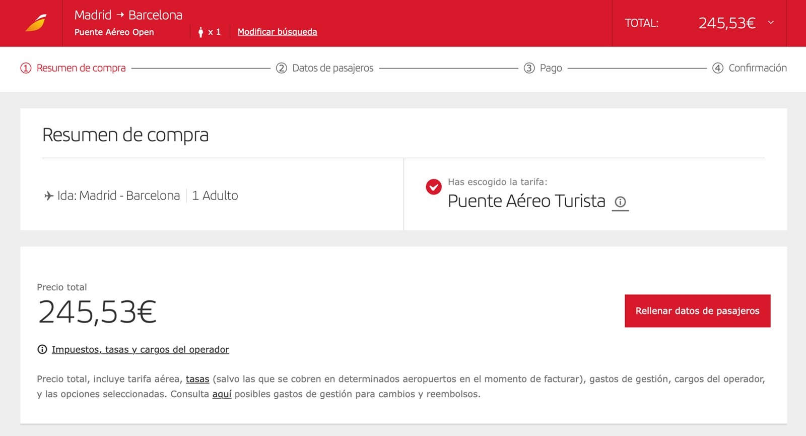 Precio en dinero del Puente Aéreo Madrid Barcelona de Iberia