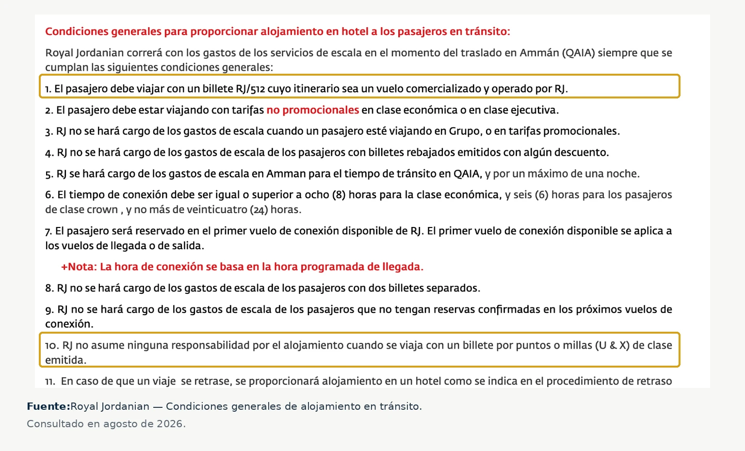 Condiciones en español de Royal Jordanian que excluyen del hotel los billetes premio U y X