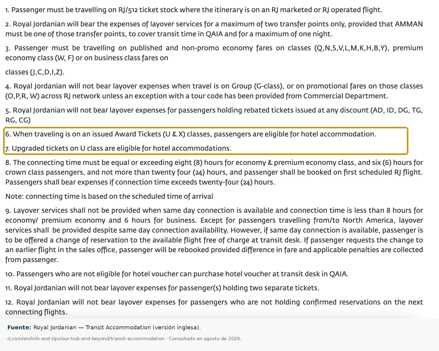 Condiciones en inglés de Royal Jordanian que permiten hotel con billetes premio U y X